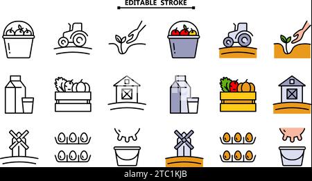 Set di icone di colore vettoriale correlate all'agricoltura. Tratto modificabile. Contiene un fienile, macchinari agricoli, allevamento, giardinaggio e molto altro Illustrazione Vettoriale