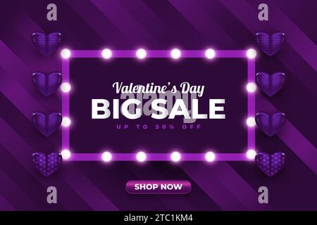 Banner o poster di San Valentino con luci accese e cuori 3d su sfondo scuro. Promozione e modello di acquisto Illustrazione Vettoriale