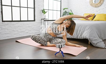 La bellezza ispanica registra un allenamento a casa coinvolgente, una giovane donna che si allunga sul tappetino yoga nel tutorial della camera da letto Foto Stock