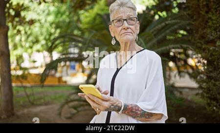 La donna anziana dai capelli grigi si concentra seriamente sul messaggio online, in mezzo al verde del parco illuminato dal sole, mostrando uno stile di vita maturo e esperto di tecnologia. Foto Stock