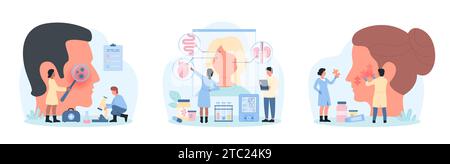 Ricerca sulle condizioni di salute della pelle impostare illustrazione vettoriale. Cartoni animati piccole persone con lente di ingrandimento controllare microflora facciale dell'uomo, epidermide rigenerazione della donna, effetto di organi interni Illustrazione Vettoriale