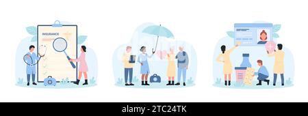 Illustrazione vettoriale set assicurazione vita e malattia. Cartone animato piccoli medici controllare carta modulo di assicurazione sulla clipboard e scheda di assistenza medica, tenendo scudo con croce e ombrello per proteggere i pazienti Illustrazione Vettoriale