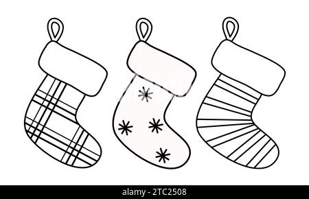 Set di calze natalizie per regali natalizi da appendere al camino, illustrazione vettoriale piatta in stile doodle per il libro da colorare dei bambini Illustrazione Vettoriale