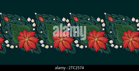 Bordo decorativo festivo con fiori di poinsettia su sfondo verde scuro. Fregio Vector xmas senza cuciture con ornamenti floreali e fogliame Illustrazione Vettoriale