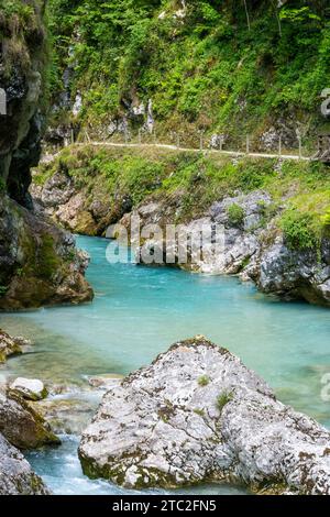 Paesaggio selvaggio del fiume Soca, uno dei fiumi più belli e limpidi d'Europa, che attraversa le Alpi slovene Foto Stock