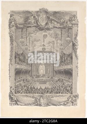 Decoration de la salle de spectacle construite a Versailles pour la representation de la Princesse de Navarre 1960 di Charles Nicolas Cochin II Foto Stock