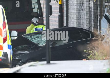 Highgate Road, Birmingham 10 dicembre 2023 - Una donna di vent'anni è morta dopo che la BMW che guidava era in collisione con un taxi nella zona di Sparkbrook a Birmingham poco prima delle 2 di domenica mattina. La polizia e i vigili del fuoco erano ancora sulla scena a mezzogiorno per indagare. Un grande schermo blu copriva l'incidente su un lato sotto un ponte ferroviario e due veicoli antincendio del supporto tecnico bloccavano l'altro lato. Credito: Stop Press Media/Alamy Live News Foto Stock