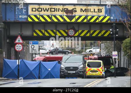 Highgate Road, Birmingham 10 dicembre 2023 - Una donna di vent'anni è morta dopo che la BMW che guidava era in collisione con un taxi nella zona di Sparkbrook a Birmingham poco prima delle 2 di domenica mattina. La polizia e i vigili del fuoco erano ancora sulla scena a mezzogiorno per indagare. Un grande schermo blu copriva l'incidente su un lato sotto un ponte ferroviario e due veicoli antincendio del supporto tecnico bloccavano l'altro lato. Credito: Stop Press Media/Alamy Live News Foto Stock