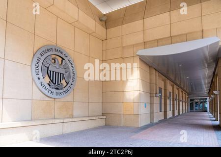 Il sigillo della Federal Reserve Bank di Minneapolis presso la sede centrale di Minneapolis, Minnesota, USA Foto Stock