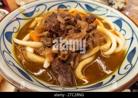 Una ciotola di tagliatelle udon giapponesi in un brodo con manzo. Foto Stock