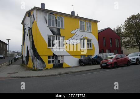 Il murale di Natka Klimowicz insieme a Krott & Krass su una casa che ospita Andrými, un'organizzazione anarchica a Reykjavík finanziata da Hönnunarsjóður. Foto Stock