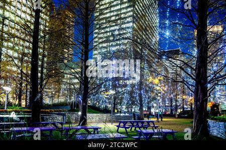 Jubilee Park a Canary Wharf di notte, Londra, Regno Unito Foto Stock