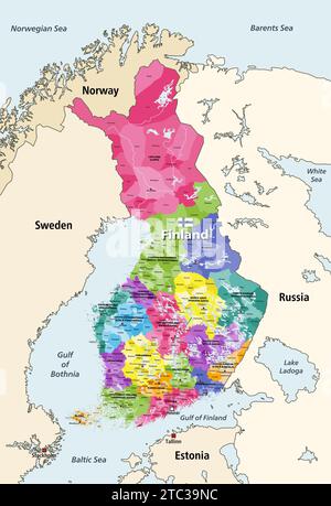 Comuni della Finlandia colorati per regioni mappa vettoriale con le capitali delle regioni, circondati da paesi e territori limitrofi Illustrazione Vettoriale