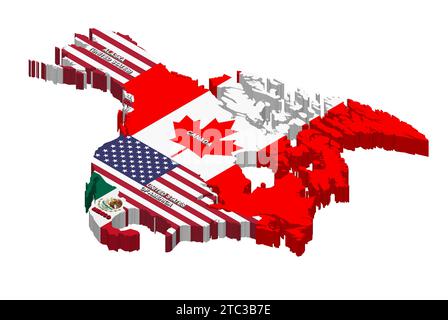 Mappa isometrica vettoriale di Stati Uniti, Canada e Messico combinata con bandiere nazionali Illustrazione Vettoriale