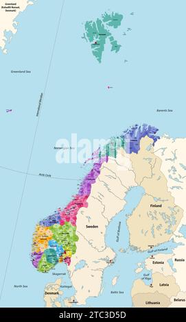 Comuni della Norvegia mappa vettoriale dettagliata e colorata per regioni amministrative (contee), con paesi e territori limitrofi. Tutti municipa Illustrazione Vettoriale