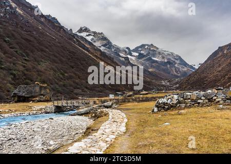 Splendida valle himalayana di Khambachen, Taplejung con fiume Tamor dal monte Kanchenjunga Foto Stock