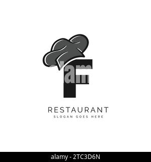 Logo della lettera F con cappello dello chef per un ristorante. Alfabeto F Concept Design Food Business logotipo illustrazione vettore Illustrazione Vettoriale