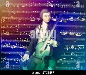Carl Friedrich Abel, 1723 - 1787, compositore tedesco, edito digitalmente secondo un dipinto di Thomas Gainsborough, Sonate per viola da gamba e basso, scritto con la mano dell'autore Foto Stock