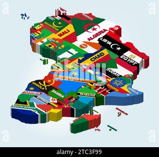 Mappa isometrica vettoriale dell'Africa combinata con bandiere nazionali Illustrazione Vettoriale