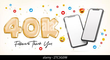 40 mila follower. Con due smartphone con schermo bianco vuoto. Pubblicazione sui social media. Banner pubblicitario. Rendering 3D. Foto Stock