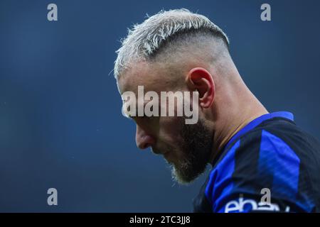 Milano, Italia. 9 dicembre 2023. Federico Dimarco dell'FC Internazionale ha visto durante la partita di serie A del 2023-24 tra Inter e Udinese allo Stadio Giuseppe Meazza. Punteggio finale; Inter 4:0 Udinese. (Foto di Fabrizio Carabelli/SOPA Images/Sipa USA) credito: SIPA USA/Alamy Live News Foto Stock