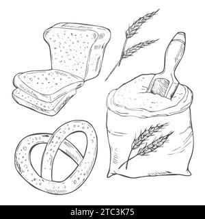Set of various doodles, hand drawn rough simple sketches of different kinds of bread. Vector freehand illustration isolated Illustrazione Vettoriale