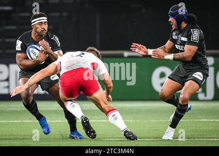 Nanterre, Francia, Francia. 10 dicembre 2023. Vinaya HABOSI di Racing 92 e Francis SAILI di Racing 92 durante l'Investec Champions Cup pool 2 match tra Racing 92 e Harlequins a Paris la Defense Arena il 10 dicembre 2023 a Nanterre, vicino Parigi, in Francia. (Immagine di credito: © Matthieu Mirville/ZUMA Press Wire) SOLO USO EDITORIALE! Non per USO commerciale! Crediti: ZUMA Press, Inc./Alamy Live News Foto Stock