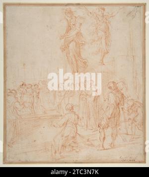 Figure Studies: Woman Holding a Shield, a Dancing Female, and a Priest Supported at an Altar Before a Group of Ookers 1880 by Bernardino Poccetti Foto Stock