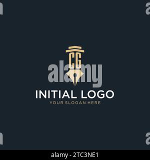 Logo iniziale monogramma CG con penna stilografica e idee di design a colonna Illustrazione Vettoriale