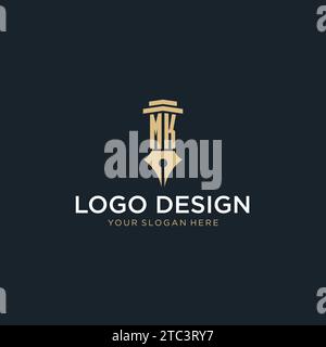 Logo iniziale monogramma MK con grafica stilografica e idee di design a colonna Illustrazione Vettoriale