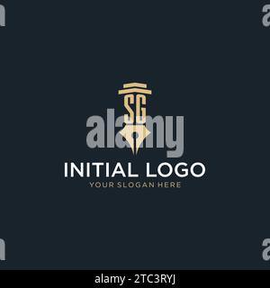 Logo iniziale monogramma SG con penna stilografica e idee di design a colonna Illustrazione Vettoriale