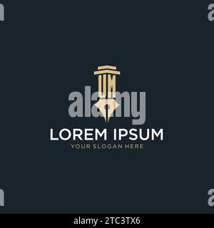 Logo iniziale monogramma UM con penna stilografica e idee di design a colonna Illustrazione Vettoriale