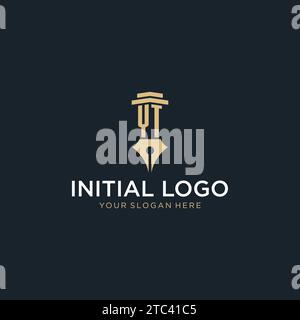 Logo iniziale monogramma YT con penna stilografica e idee di design a colonna Illustrazione Vettoriale