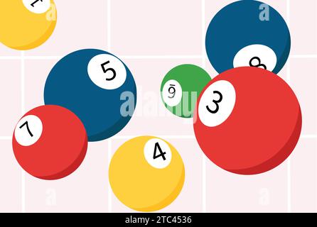 Lotto della lotteria molti tipi di palline da gioco colorate che volano e che mostrano un'illustrazione ravvicinata del gioco d'azzardo Illustrazione Vettoriale