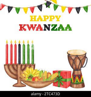 Cartolina Kwanzaa. Vacanze afro-americane. Kinara, sette candele incendiate, raccolta regalo per il tamburo con cartina rossa, nera e verde. Acquerello disegnato a mano Foto Stock