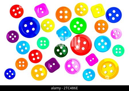 Molti abiti colorati con bottoni per cucire, dimensioni e forme diverse. Rendering 3D isolato su sfondo bianco Foto Stock