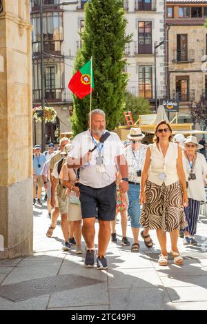 I turisti in un tour guidato a piedi nella città spagnola di Salamanca in Spagna Foto Stock