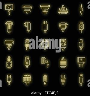 Set di icone connettore adattatore. Delinea il set di icone vettoriali del connettore adattatore colore neon sul nero Illustrazione Vettoriale