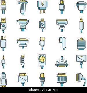 Set di icone connettore adattatore. Serie di icone vettoriali del connettore adattatore colore linea sottile piatta su bianco Illustrazione Vettoriale