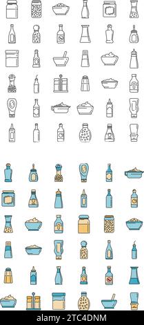 Set di icone per condimenti. Serie di icone vettoriali per alimenti a base di condimenti colore sottile piatto su bianco Illustrazione Vettoriale