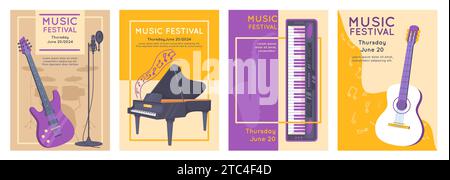 Carte strumenti musicali. Volantini informativi. Chitarre acustiche o elettriche. Prestazioni musicali. Annunci di concerti. Sintetizzatore e pianoforte Illustrazione Vettoriale