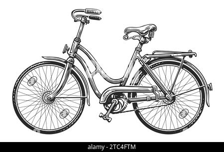 Bicicletta retrò da donna, sketch. Trasporto bici isolato a mano Foto Stock
