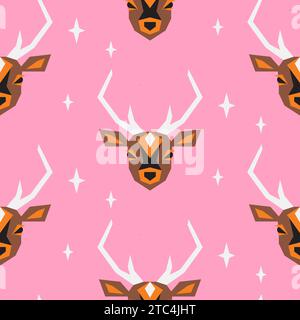 Motivo rosa testa di animale renna sfondo senza cuciture. Stampa su tessuto e carta da parati con cervi e stelle. Illustrazione Vettoriale