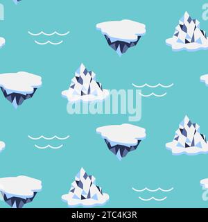 Motivo a cartoni animati iceberg senza cuciture. Design dello sfondo ripetuto per la stampa su tessuto. Illustrazione dei ghiacciai in vettoriale piatto ad acqua Illustrazione Vettoriale