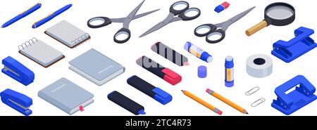 Forniture isometriche per la scuola dell'ufficio. Collezione di cancelleria isolata. Quaderni, matita e penna, gomma e forbici, vari ruotano, set vettoriale pido Illustrazione Vettoriale