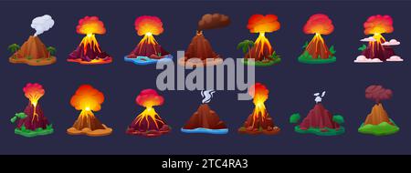 Processi di eruzione vulcanica dei cartoni animati. Vulcani che eruttano con magma, fuoco, cenere e fumo. Lava calda eruttata dalle montagne, selvaggina vettoriale Illustrazione Vettoriale