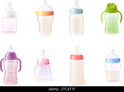 Biberon realistici. Biberon per bambini con succhietto per l'allattamento del latte, alimentatore per tazze per neonati, dosatore liquido per l'allattamento dei bambini latticini illustrazione vettoriale di un'allattamento realistico con biberon Illustrazione Vettoriale