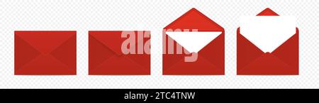 Buste Vector Red con lettera vuota. Set di buste isolate ripiegate e non ripiegate. Modello di progetto. Messaggio, notifica, posta, sorpresa e. Illustrazione Vettoriale