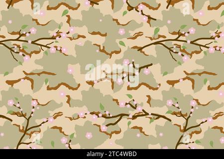 Sakura Desert BDU Camouflage Seamless Pattern per tessuti, design alla moda, sfondi digitali, stampe di ispirazione militare e grafica. Illustrazione Vettoriale