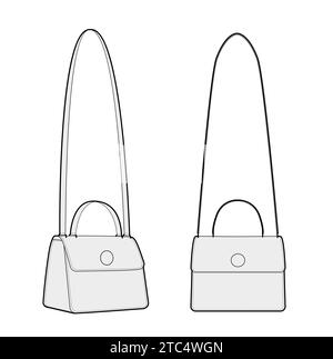 Trasporto della mini borsa a croce. Illustrazione tecnica degli accessori moda. Borsa a mano vettoriale frontale vista a 3-4° per uomo, donna, unisex, borsetta piatta con disegno CAD isolato Illustrazione Vettoriale